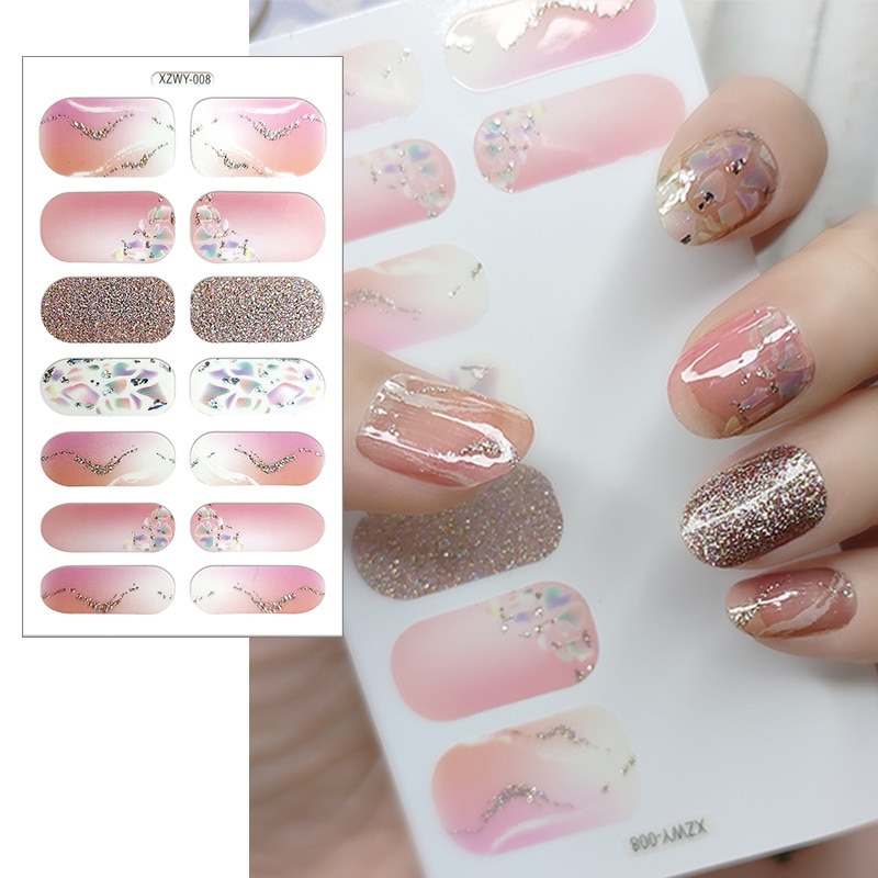 【Happy childhood memories】Nude nail art stickers 14 tips full nails diamond glitter gems lines flakes gradient transparent nail paper. 