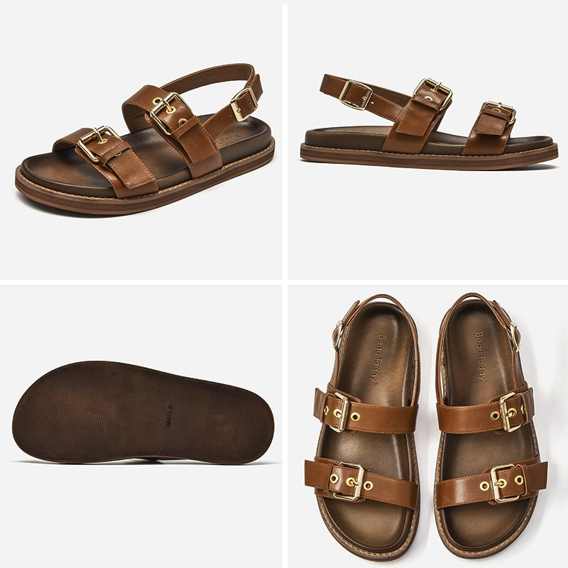【ALLGOOD】BeauToday  Sandals Women  Cow  Round Toe Double Buckle Summer Beach Back S  Flat Shoes 32353. 