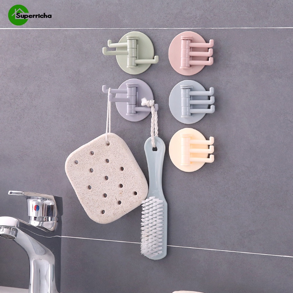 [Universal Kitchen Bathroom Plastic Hooks Hangers ][3-Split Rotating Wall Mounted Hooks ][ Towel Key Hat Home Storage Holder]