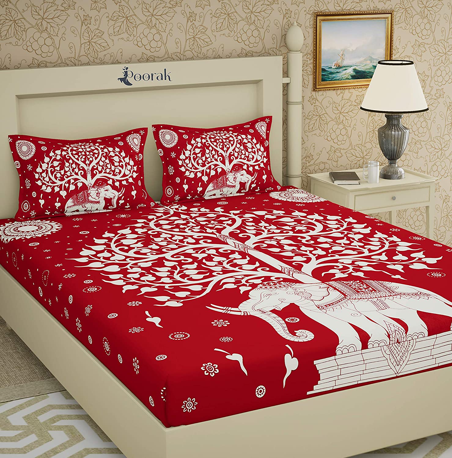 Mysa Fashions Designer Cotton Double Bedsheet with 2 Pillow Covers in Elephant Print - Red and White Bed Sheet
