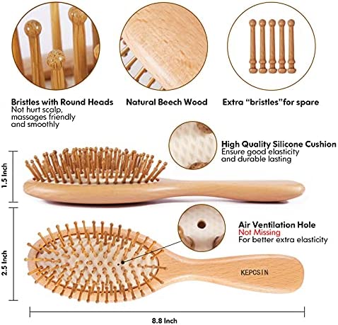 Natural Wood Hair Brush with Wooden Bristles Massage Scalp Comb. 