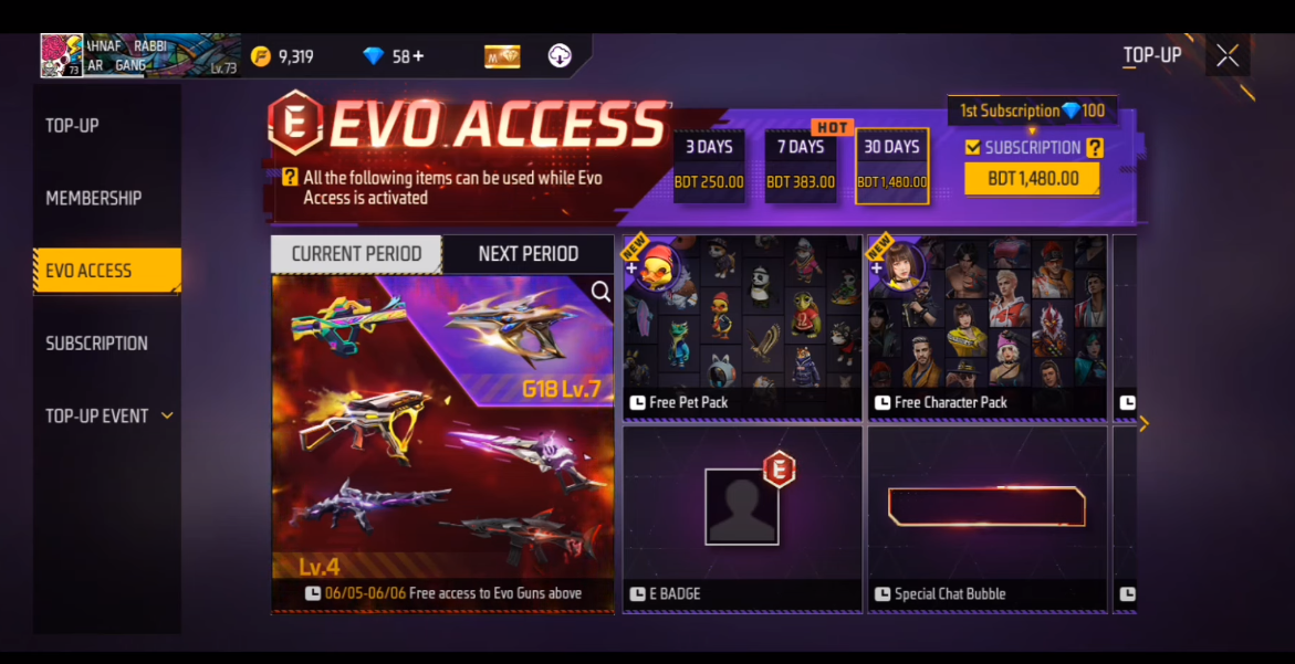 FREE FIRE EVO ACCESS 30 DAYS [ Only Player ID Needed ]