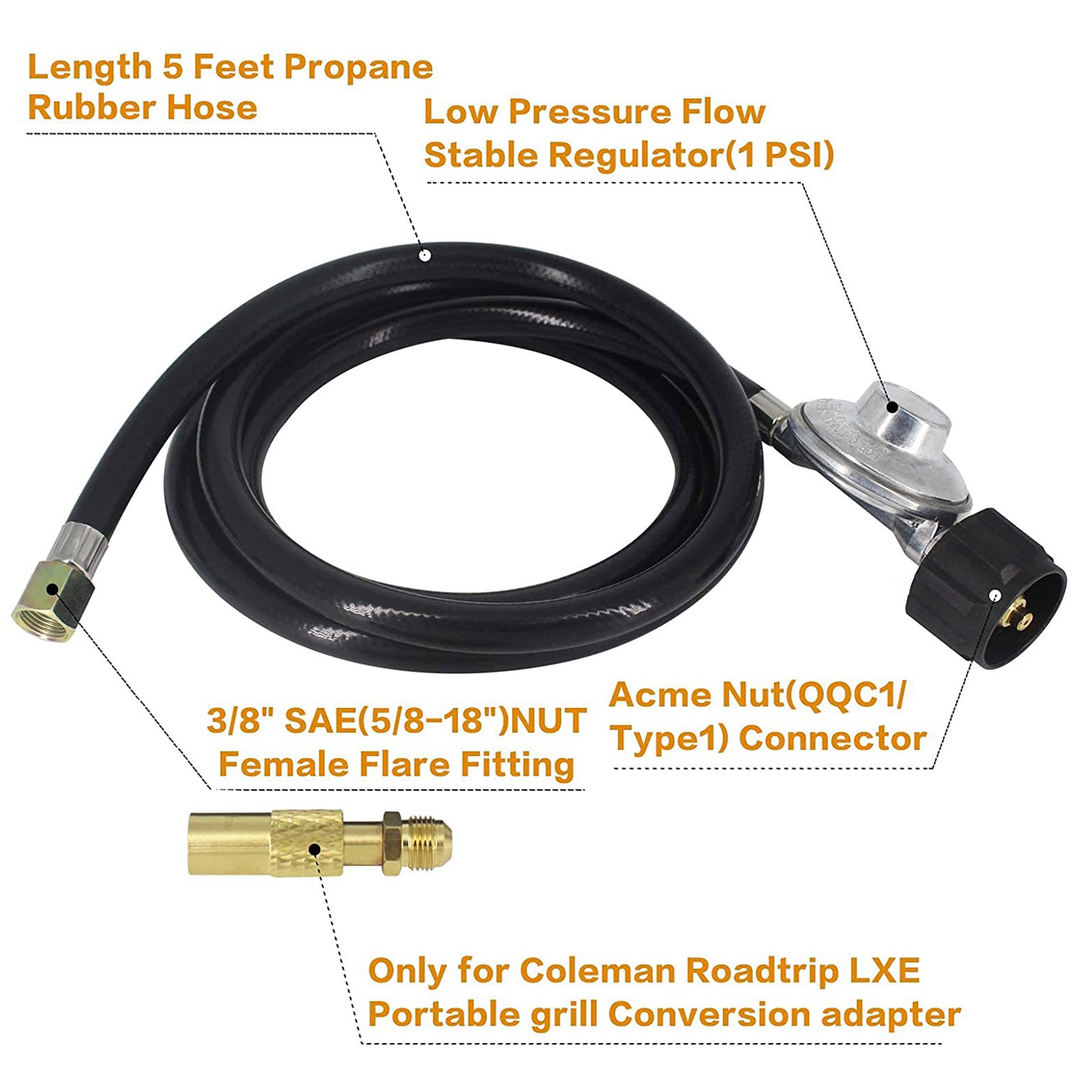5Ft Propane Adapter Hose and Regulator Replacement Kit for Coleman Roadtrip Grills,QCC1 Low-Pressure Propane Adapter. 