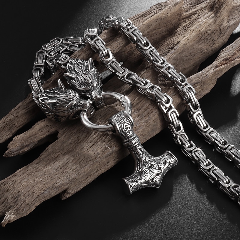Vintage Viking Wolf Head Necklace for Men Heavy Viking Byzantine Chain High Quality Necklace Jewelry Amulet Gift