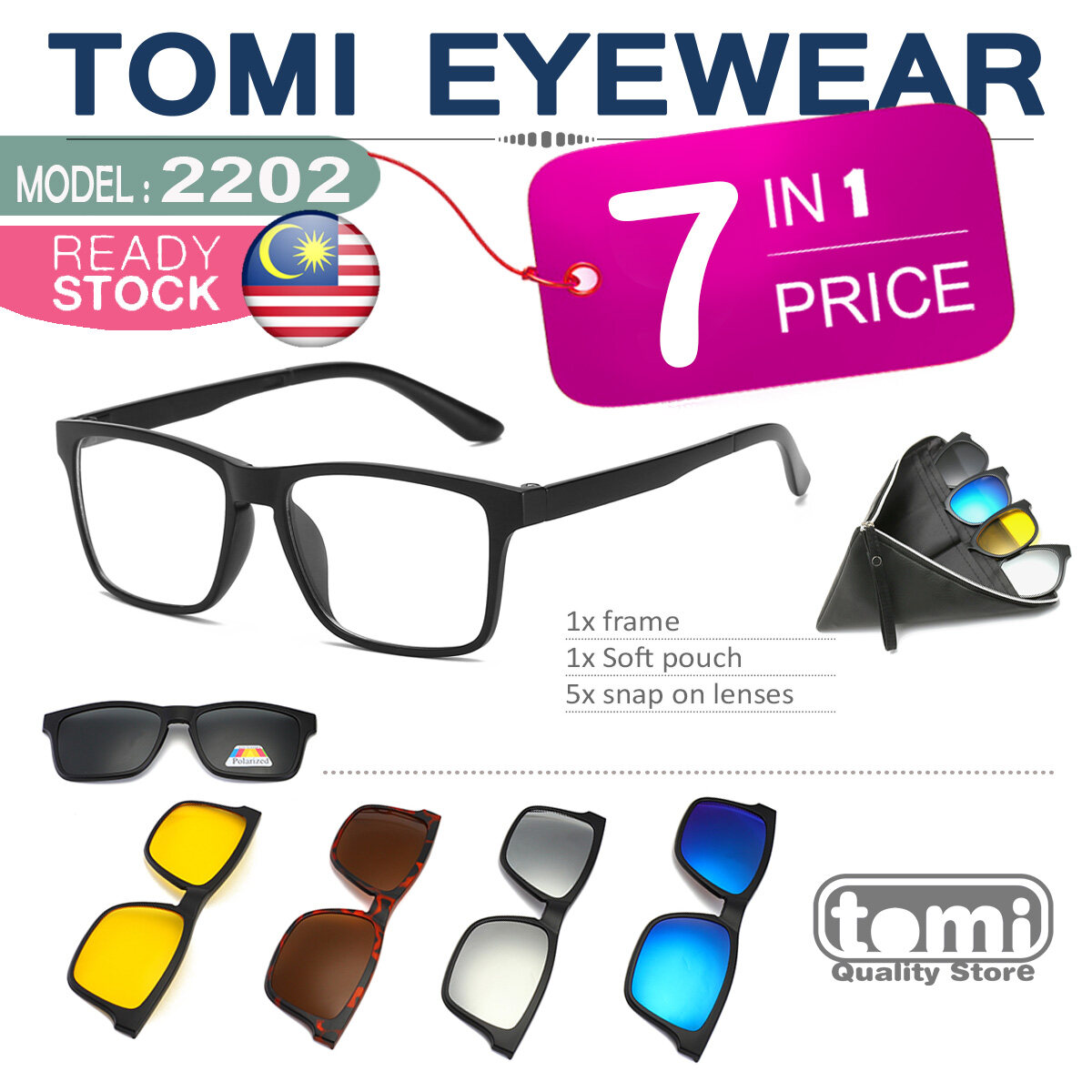 6 in 1 Magnetic Sunglasses (2202A) Clip On Spectacle Snap On Glasses EyeglassesMini - Figures