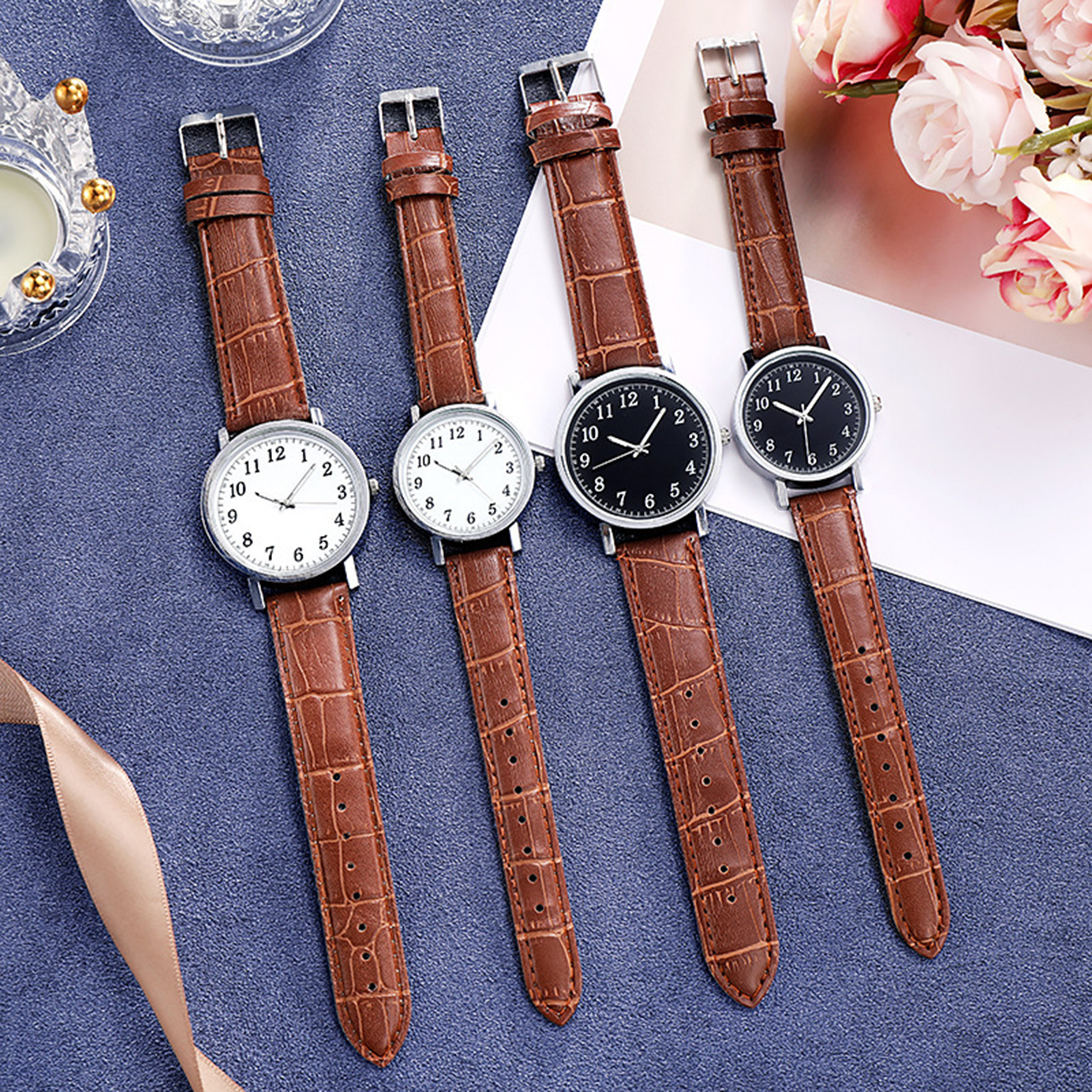 Couple Watch Round Battery Operated Faux Leather Strap Elegant 3-Hand Birthday Gift Adjustable Men Women Quartz Wrist Watch Fashion Jewelry. 