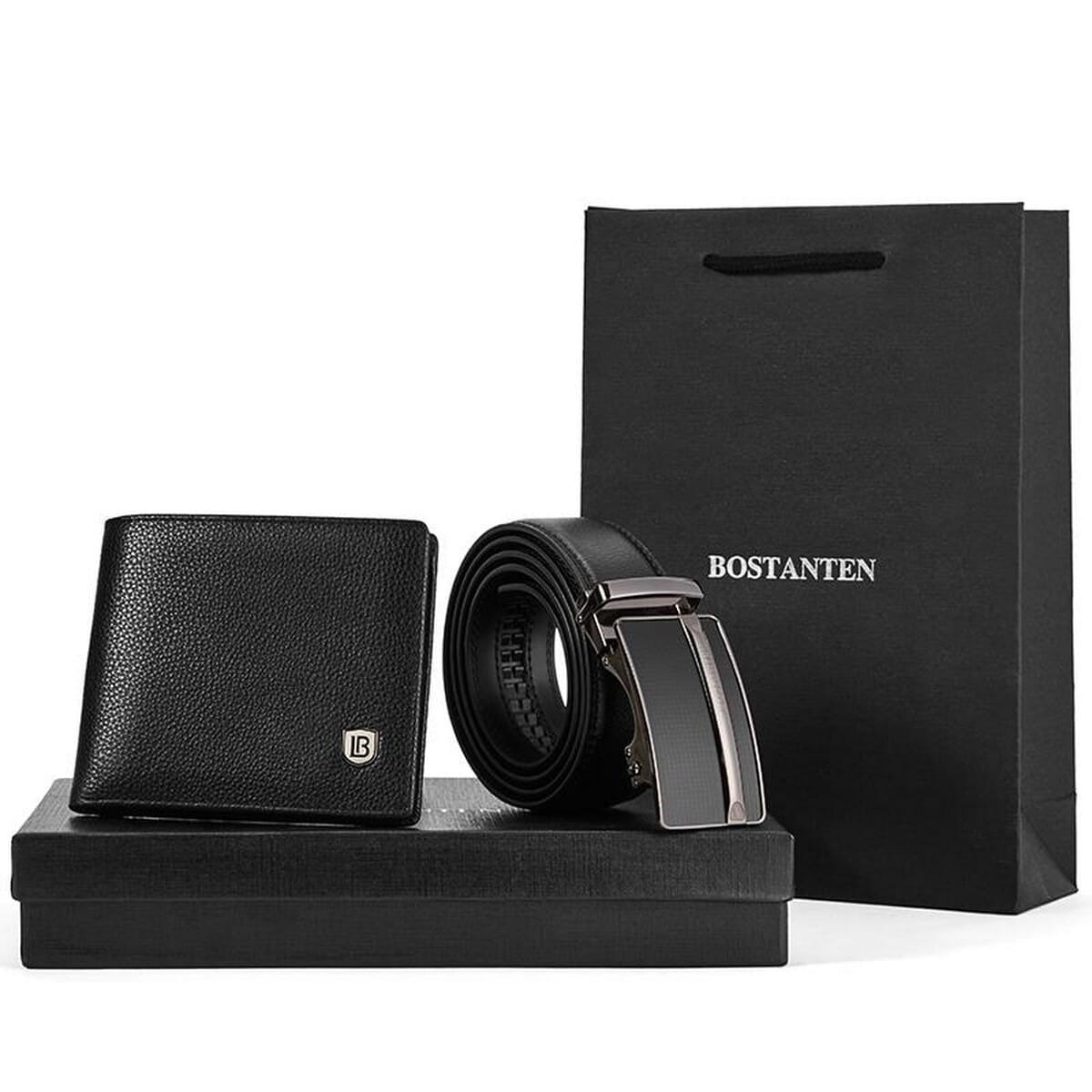 Bostanten Men's Genuine Leather Belts And Bifold Wallet Gift Box Black