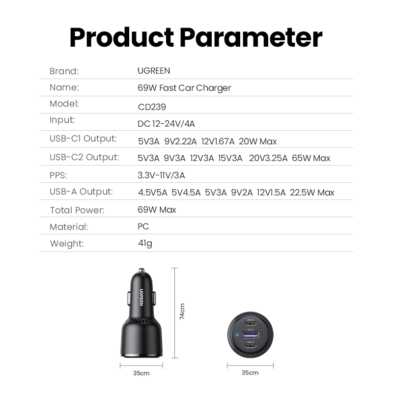 UGREEN PD 69W Super Car Charger Type C USB A for iPhone 15 pro max 14 Pro max Huawei SAMSUNG S24 S23 S22 Realme Fast Car Charger. 