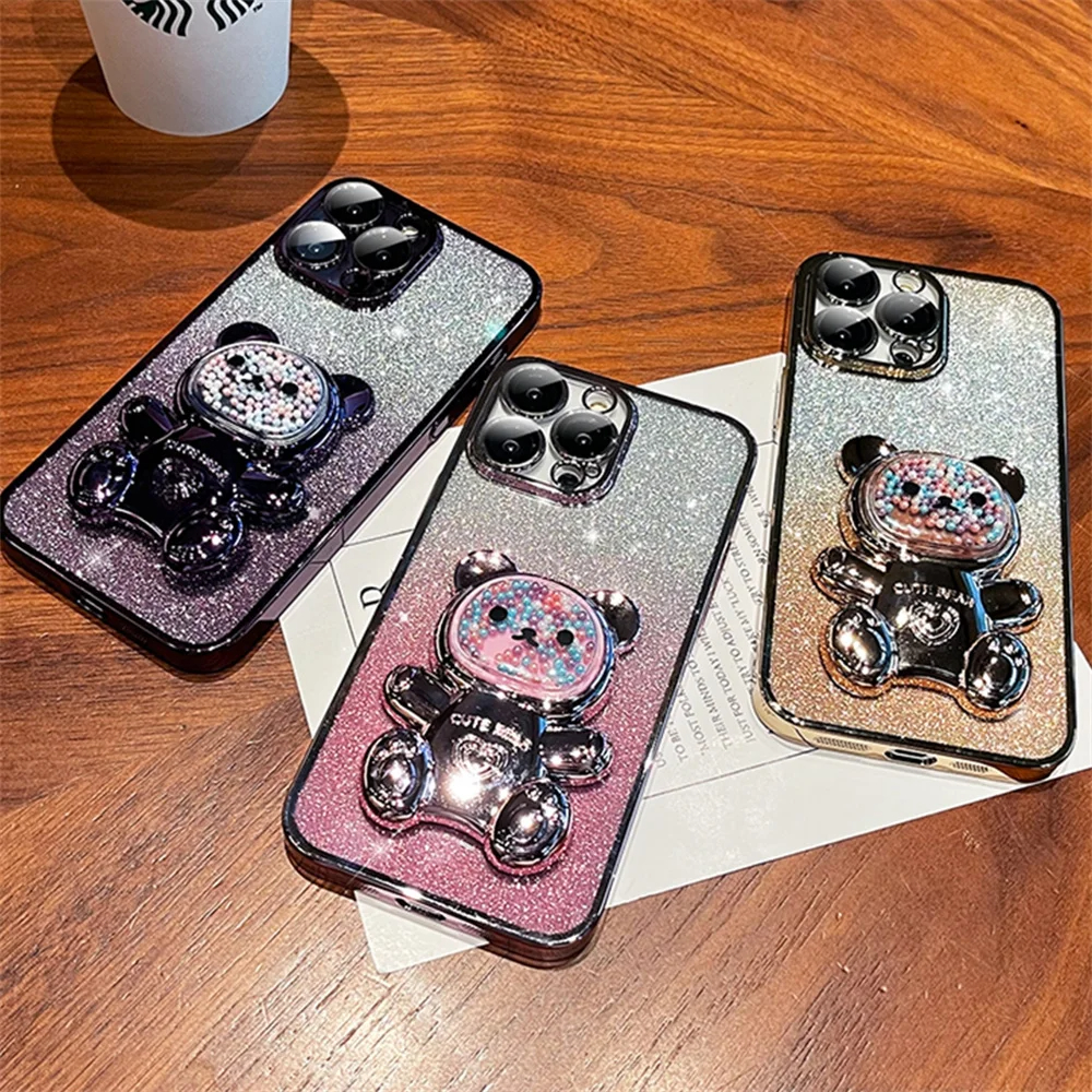 For Samsung Galaxy S9 / S9 Plus Back Cover with 3D Bear Hidden Stand Bracket Luxury 6D Gradient Shiny Plating Glitter Women Phone Case Clear Soft Silicone Protective Cases Pouch Girls. 