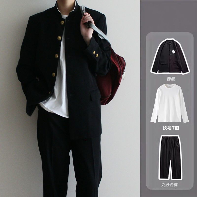Zhongshan Suit Japanese-Style RetrodkUniform Suit Men's Suits Placket Clothing Loose Pu HandsomejkStudent Class Clothes Suit Spring. 