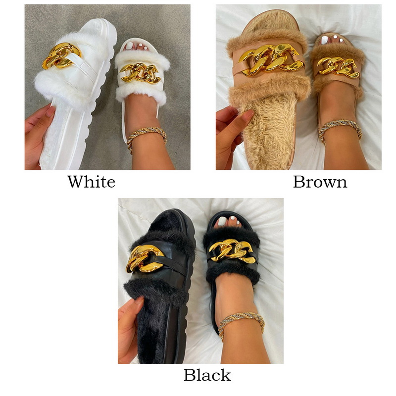 【BestGO】Summer Plush Slippers Fashion Open Toe Solid Color Women's Sandals Metal Chain Outdoor Casual Plus Size Shoes. 