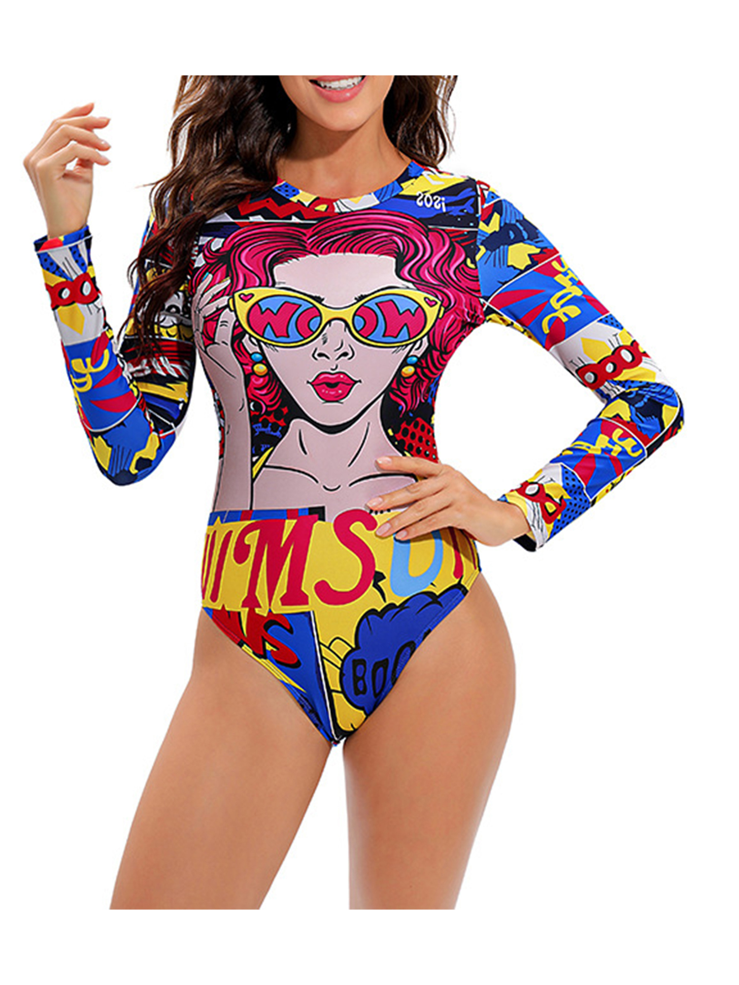 Women's One-Piece Swimsuit, 3D Print Long Sleeve Round Neck Hollow Out Back Bathing Bodysuit. 