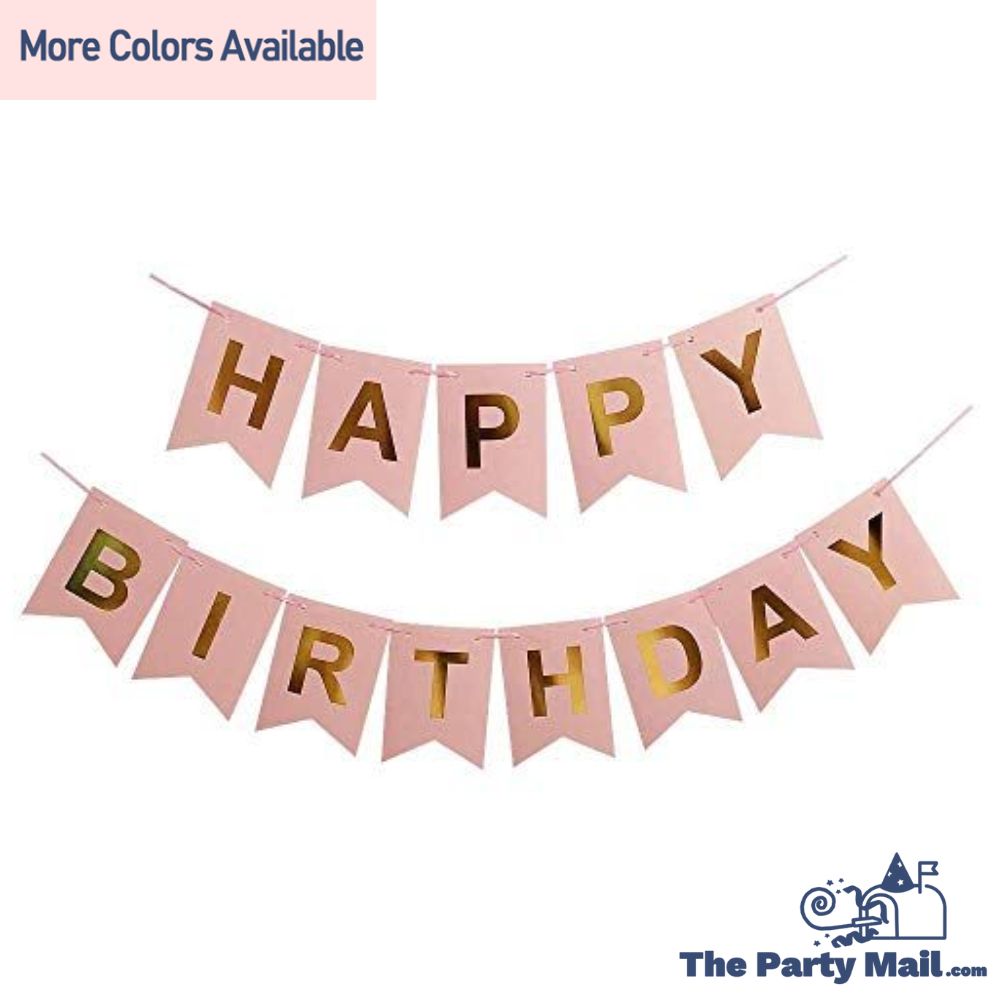 Happy Birthday Banner Card Flag Banner with gold letters for birthday party celebration. 