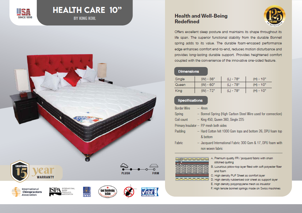 King Koil Health Care 10" - Single Size Spring Mattress (36"x 78"x 10")