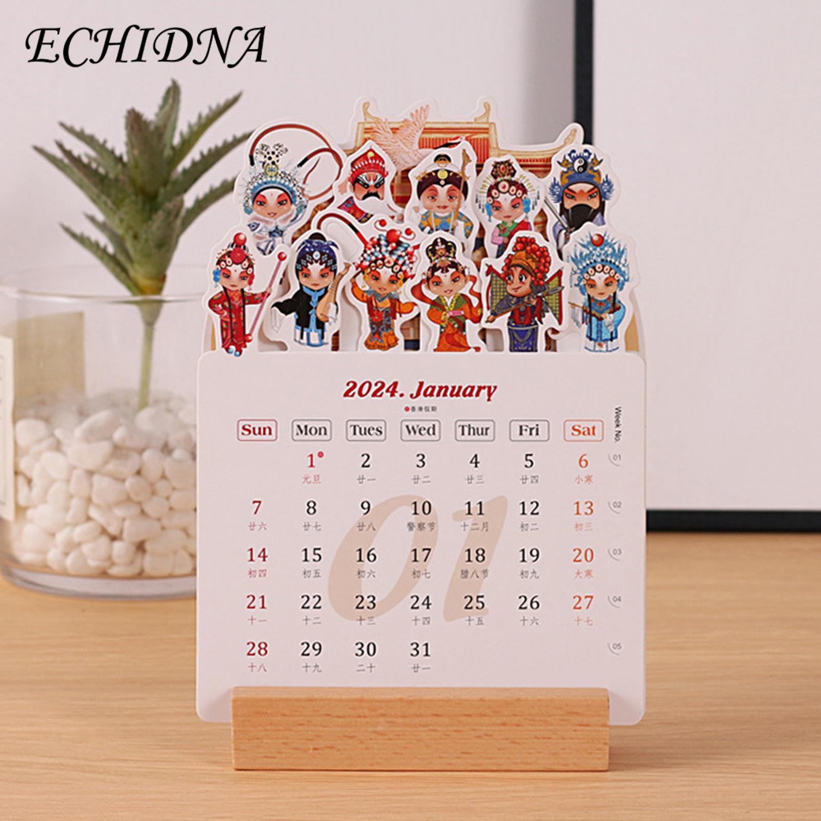 Thickened Paper Calendar 2024 Cartoon Theme Desk Calendar with Wooden Base Monthly Desktop Calendar for Home Office School Jan to Dec 2024 Southeast Asian Buyers' Favorite Non-bleeding Ink Calendar. 