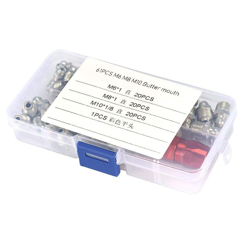 61Pcs/Set Grease Fitting Pack M6/M8/M10 Metal Nipple Mechanical Lubrication Part Grease Nipple Fitting Assortment Kits. 
