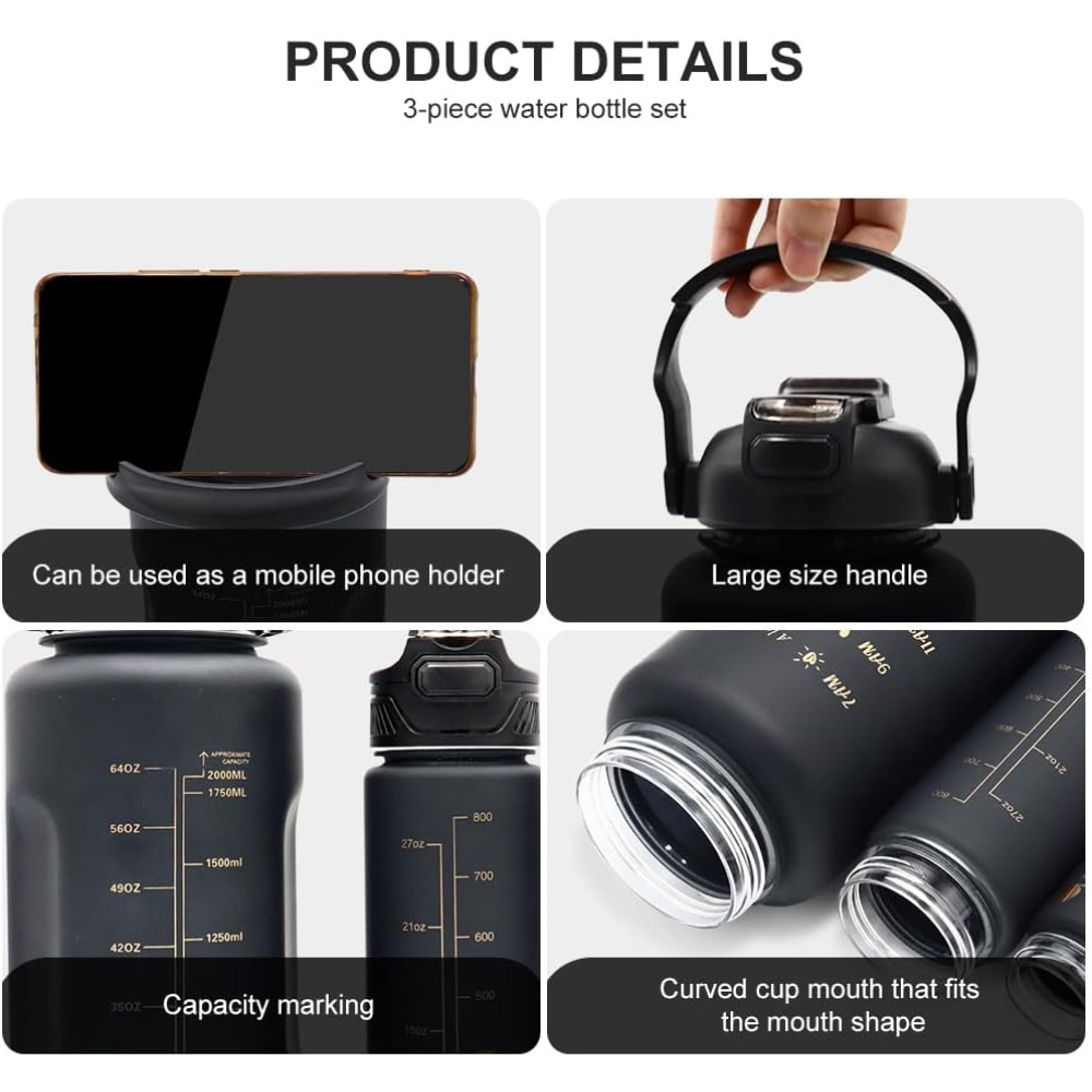 3pcs Water Bottle Colourful 2000ml 800ml 300ml 3 in 1. 