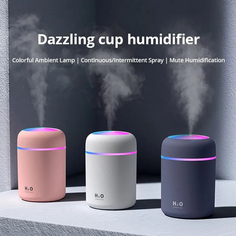 USB Cool Mist Sprayer Portable 300ml Electric Air Humidifier Aroma Oil Diffuser with Colorful Night Light for Home Car. 