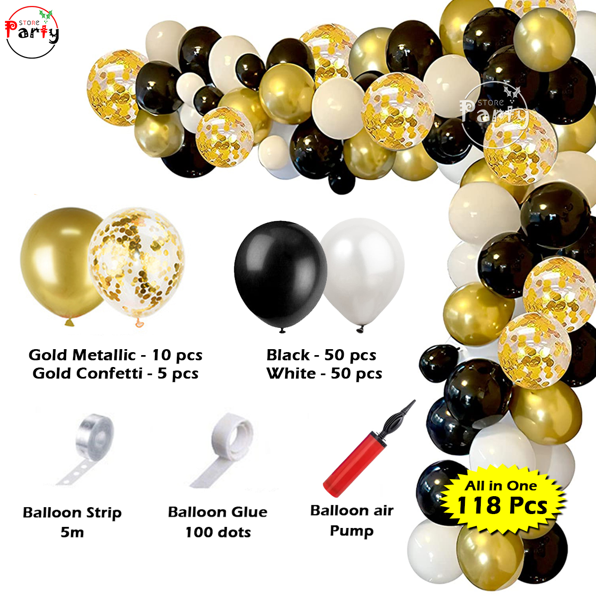 118 Pcs All in One Balloon Decoration Bundle Set Luxury Balloon Garland kit Gold Black White