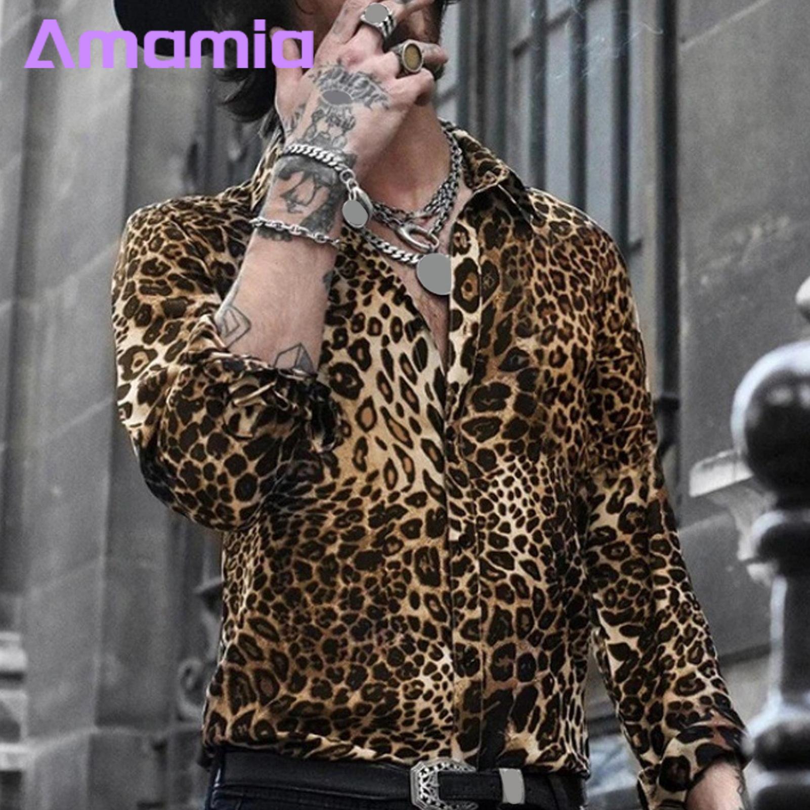 Long Sleeve Men Shirt Stylish Men's Leopard Print Shirt Trendy Long Sleeve Cardigan for Vacation Club Party Slim Fit Design Men Vintage Shirt. 