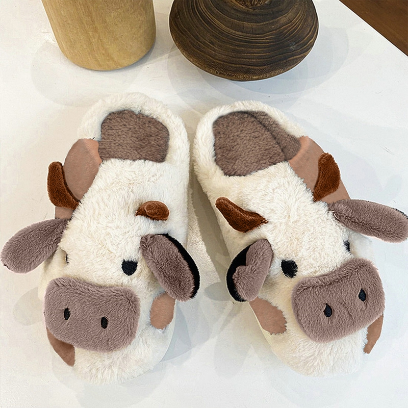 【ZIME】Cyprus Winter Cartoon Couple Slippers Home Fur Slippers Women Warm Cotton Slippers Cute Cow Indoor Thickening. 