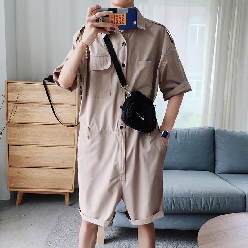 Internet Celebrity Jumpsuit Workwear Trendy Men 2019 Popular Suit Hip-Hop Fashionable Brand Loose Korean Style Trendy Summer Two-Piece Set. 