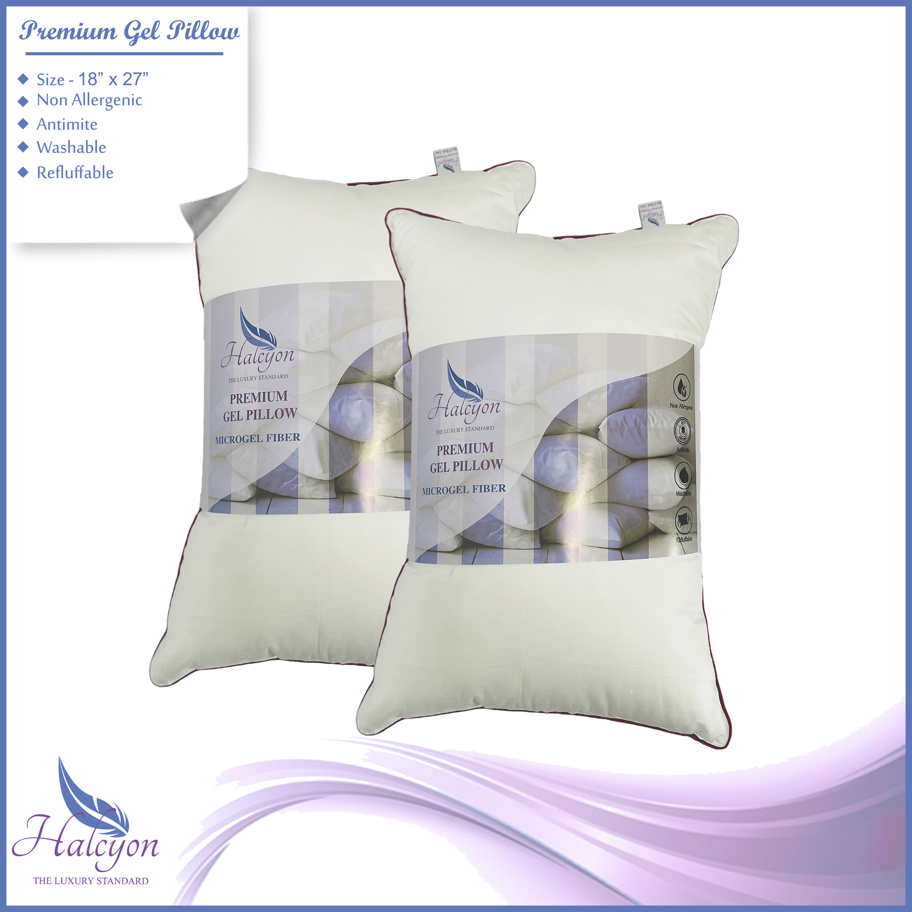 Halcyon Premium Gel Pillow - Micro Gel Fiber (18"x27"). 
