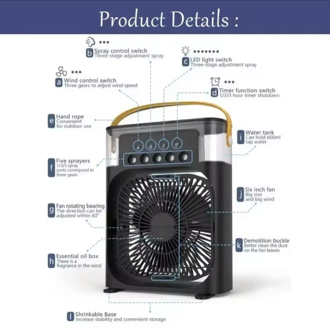 Portable Air Conditioner Cooling Fan 3 in 1 Adjustable Usb Led Night Light. 