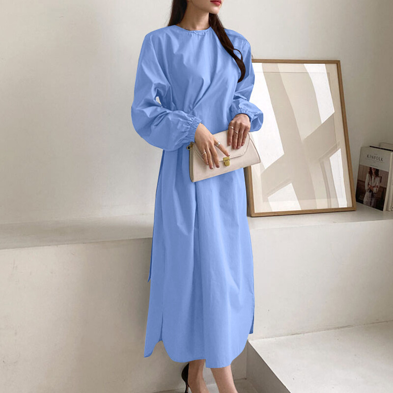 [ ]ZANZEA Korean Style Women Solid Long Sleeve Maxi Dress Elegant Side