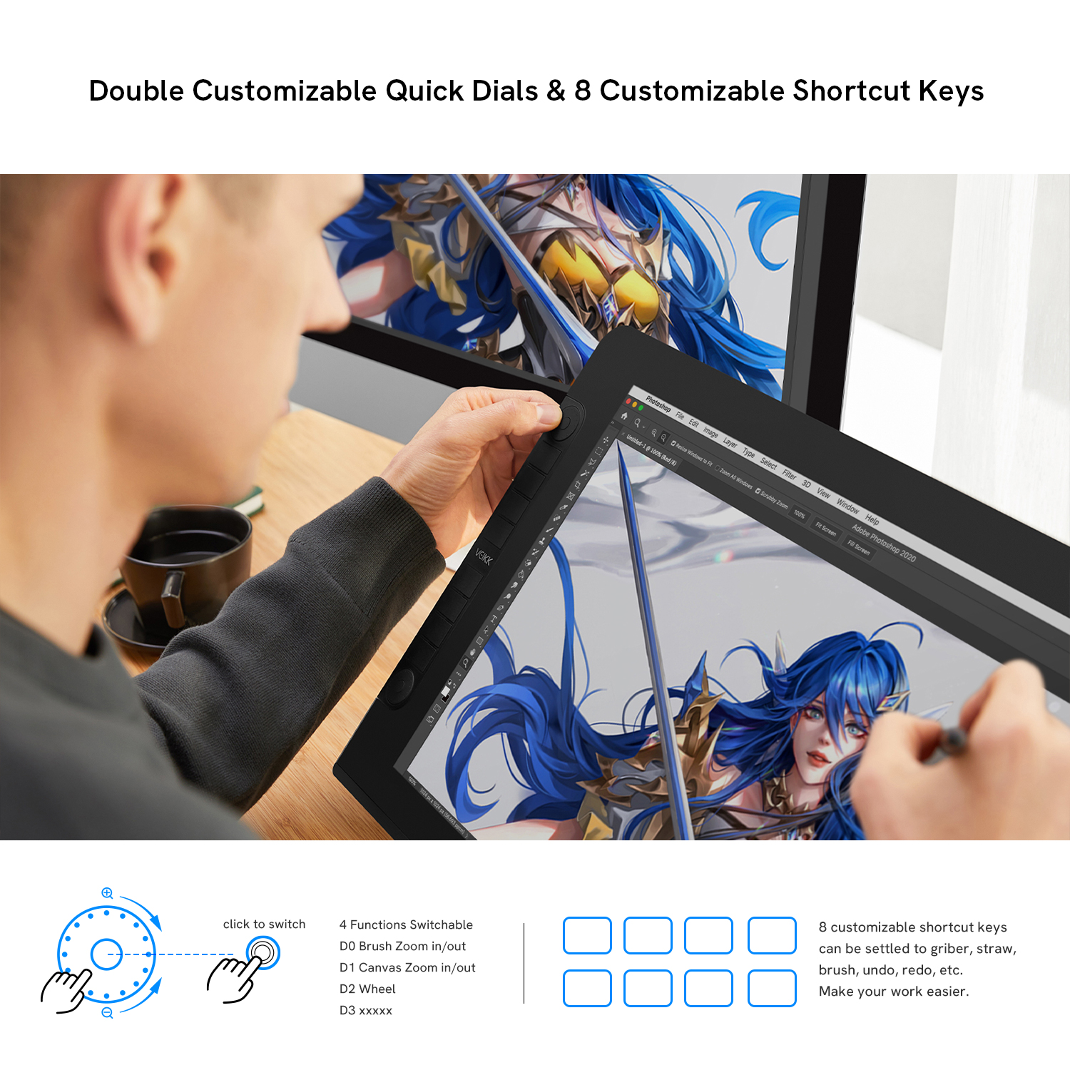 Veikk Studio VK2200 Pro Lukisan Pen Paparan Grafik Monitor Ips Monitor 8192 Tahap Tekanan Pen Lukisan Pen Pen Tablet Dual Monitor dengan 2 Disesuaikan Cepat Dial 8 Express Kunci dan Boleh Laras Berdiri 21.5 Inci. 
