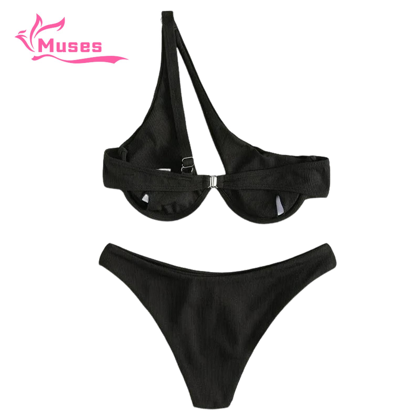 Muses Mall Women One-shoulder Bikini 2pcs Women Color Block One-shoulder Bikini Set High Waist Briefs Beachwear. 