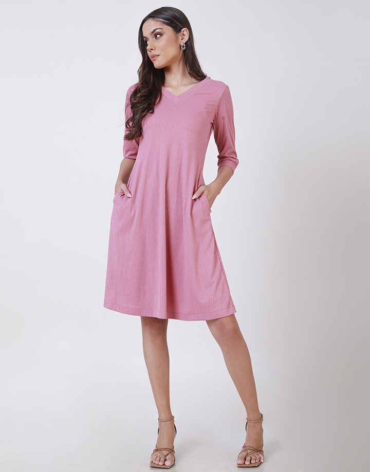 Spring & Summer V-Neck Robbed Dress with Flared Hem. 