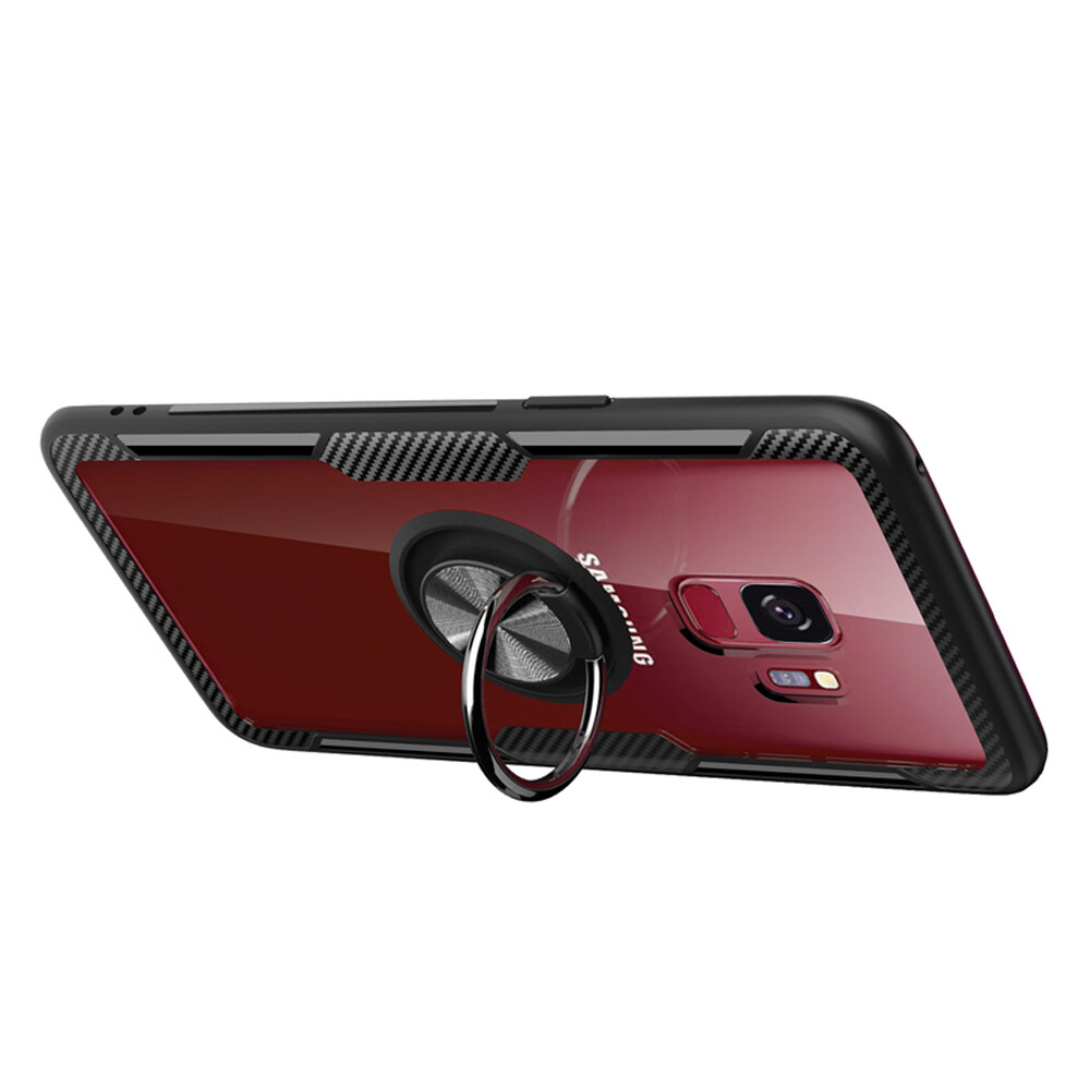 lthmy for Samsung Galaxy S9 Carbon Fiber Design Clear Crystal Case with 360 Degree Rotation Finger Ring Holder (Compatible with Magnetic Car Mount). 