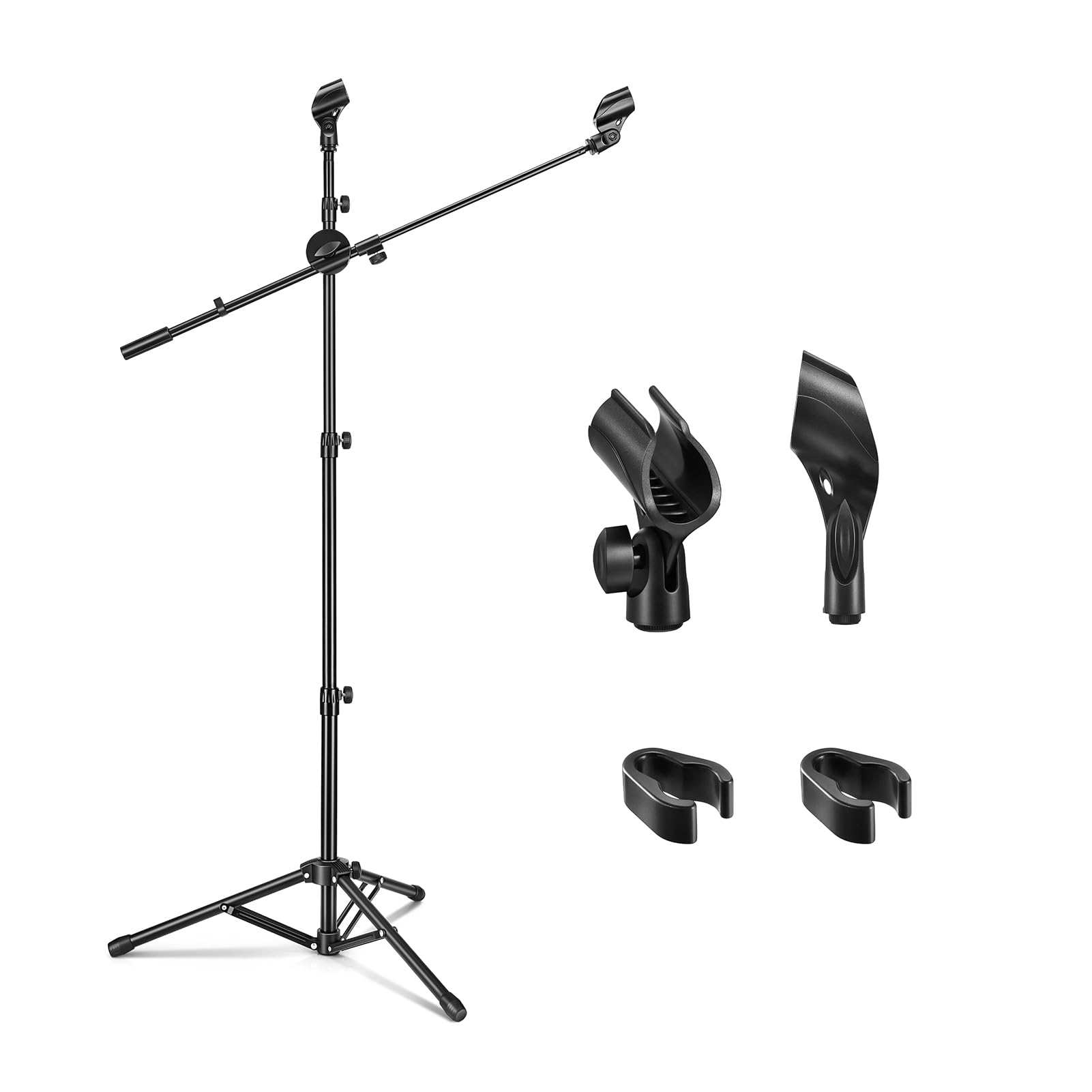 Heavy Duty Adjustable Microphone Stand with 2 Mic Clips, Collapsible Tripod Boom, Adjustable Height, Sturdy, and Foldable Design. 