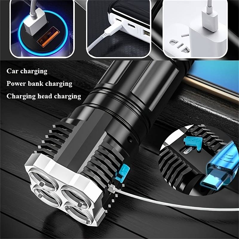 Powerful 4 LED Flashlight With COB Side Light, 4 Modes USB Rechargeable Flash Light, Waterproof, ABS Torch,, Camping Tool. 