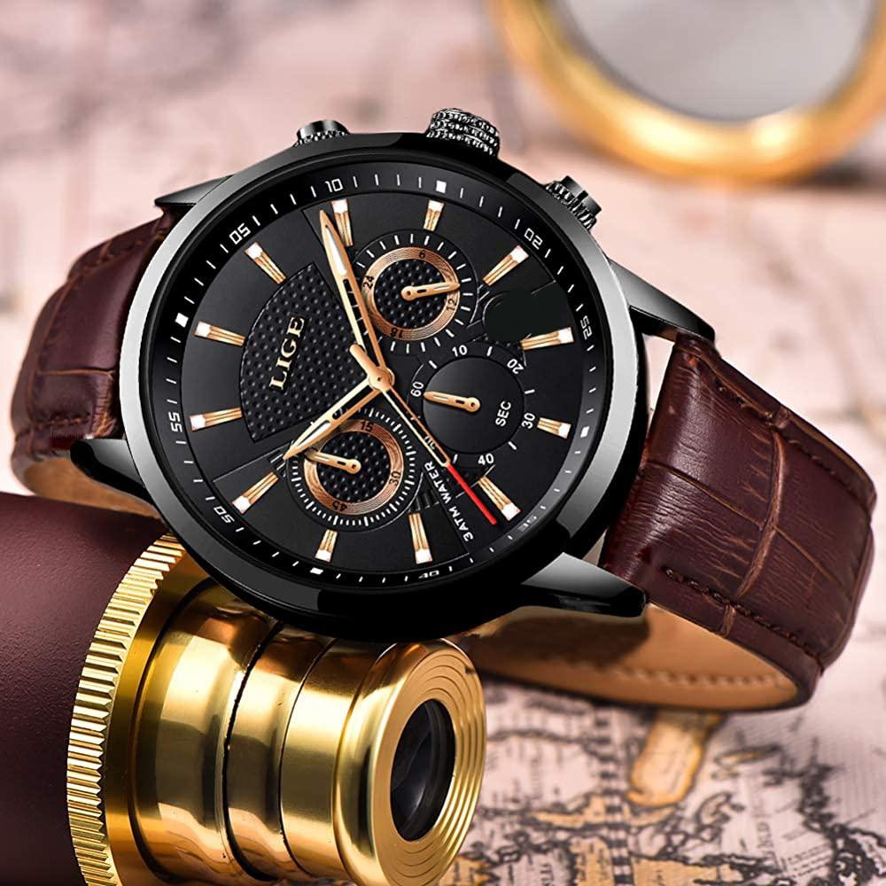 Stainless Steel / Leather Band Luxury Men Watch Quartz Analog Business Chain Casual Wrist Dial LIGEx Watches For Boys Gents TecZone LK. 