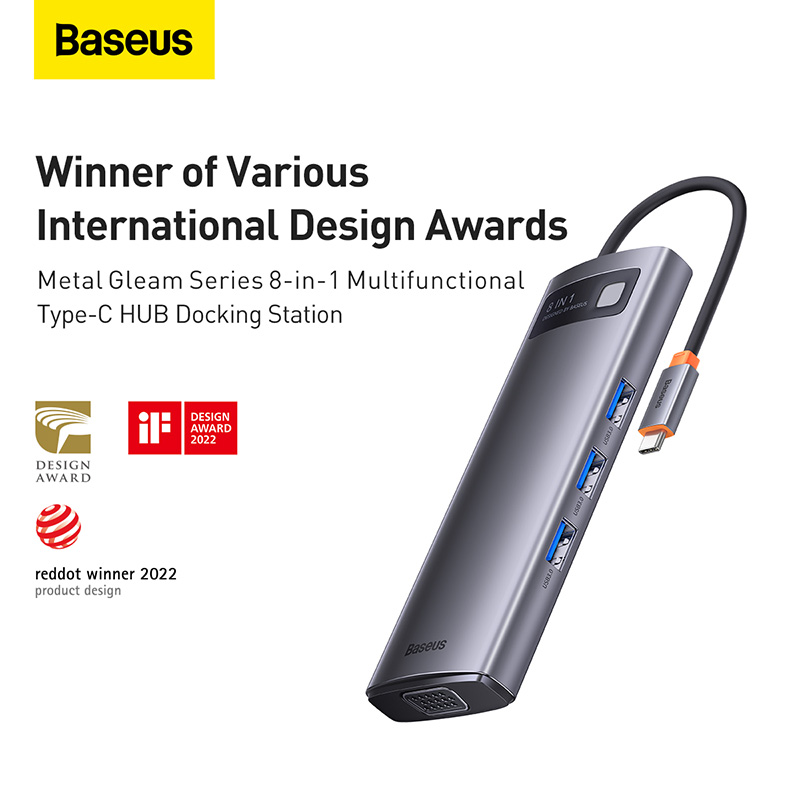 Baseus 8-in-1 Star Joy Series Multifunctional Type-C HUB Docking Station Gray (Type-C to HDMI*1 / VGA*1 /USB3.0*3 / Type C PD*1 / SD&TF*1) 6 Months Warranty. 