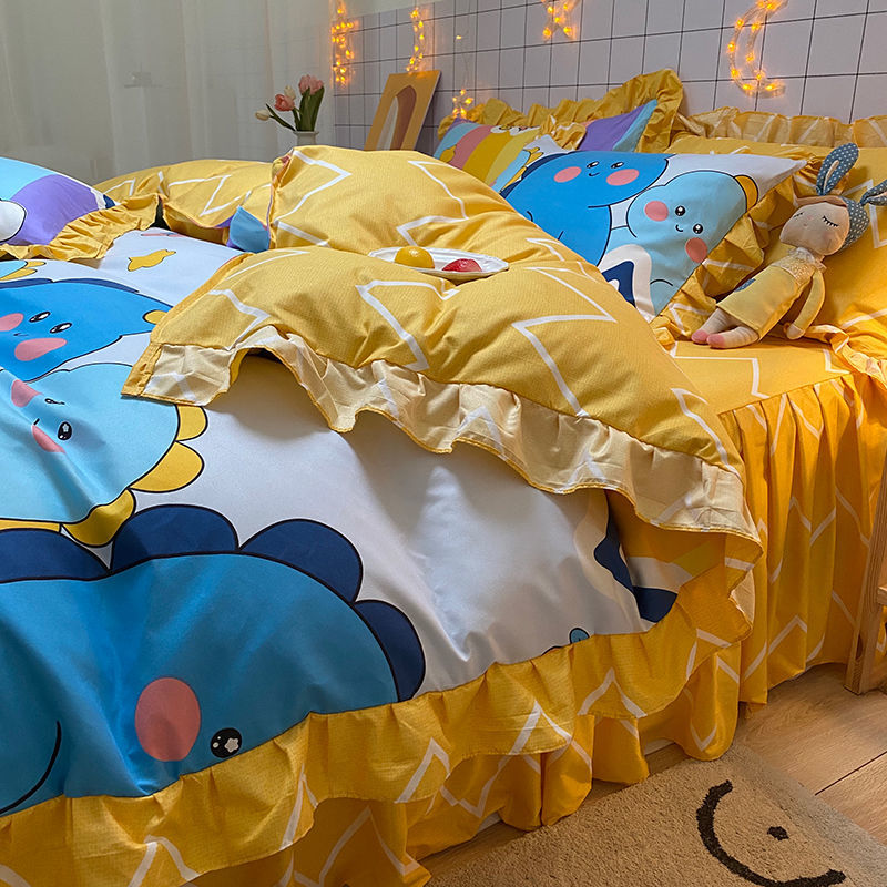 Korean Bed Four-Piece Set Spring and Summer Bedding Princess Style Floral Duvet Cover Bed Sheet Student Dormitory Bed Skirt Three-Piece Set. 