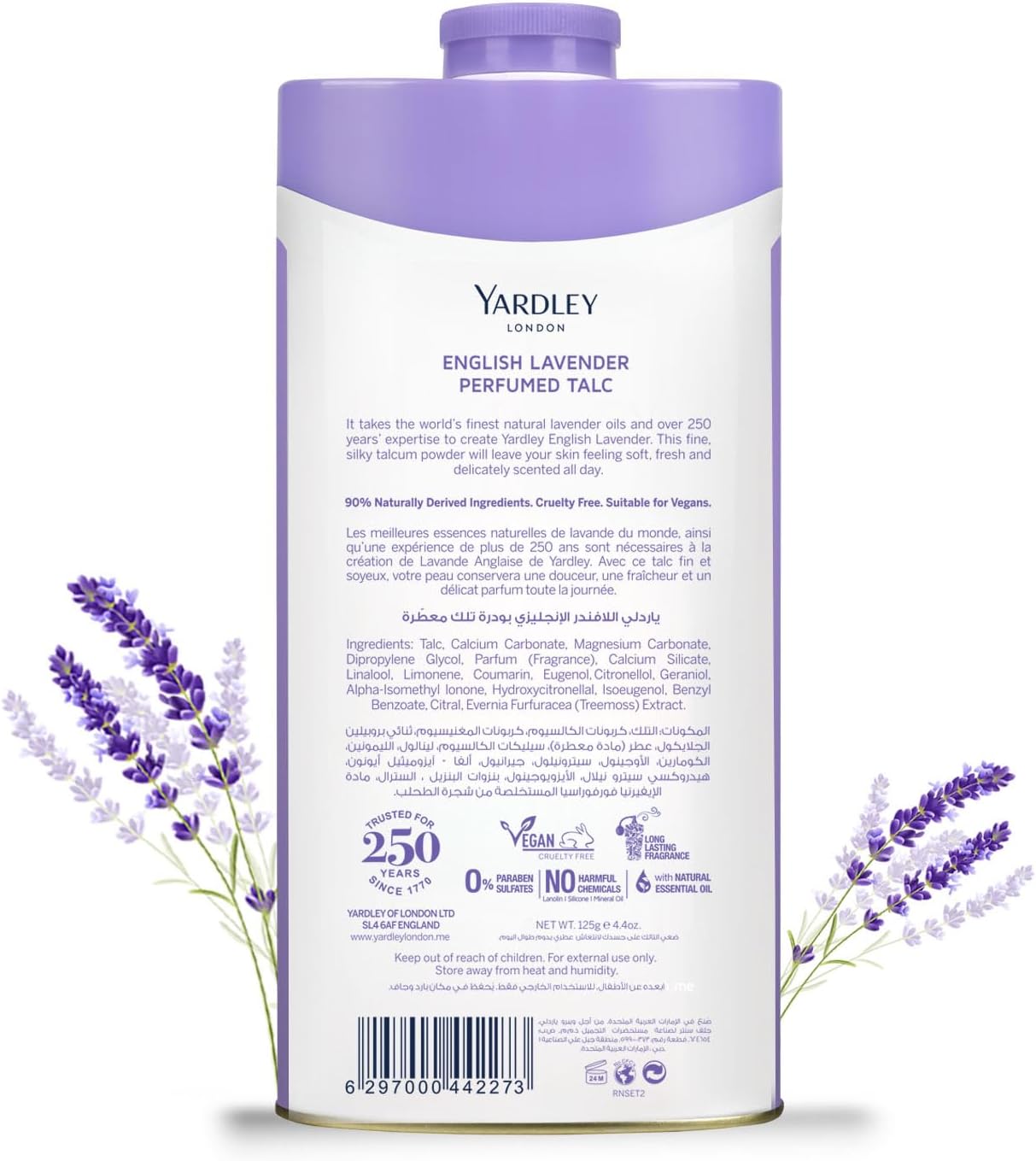 Yardley London English Lavender Perfumed Talc Body Powder, All Day Fragrance, Aromatic Freshness - 125 Gm (FROM DUBAI). 