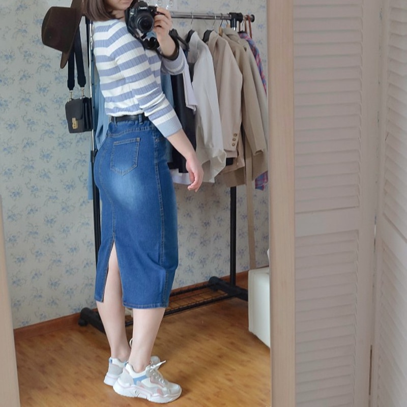 Classic Denim Skirt Women 2023 Long Jean Skirt High Waist Pencil Skirt Ladies Stretch Black Blue Faldas Largas Jupe Longue Femme. 