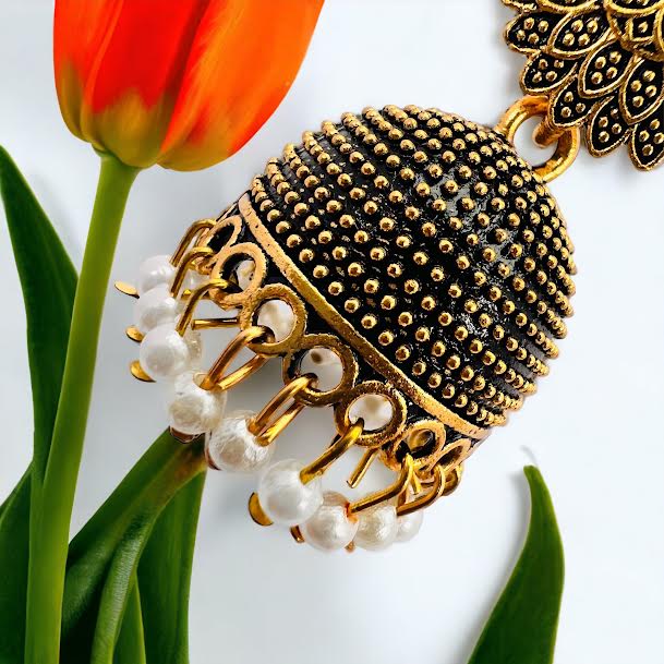 ESH Black gold flower theme Fashion Bollywood Traditional Indian beautiful jimmiki earring with white pearl beaded for women and girl. 