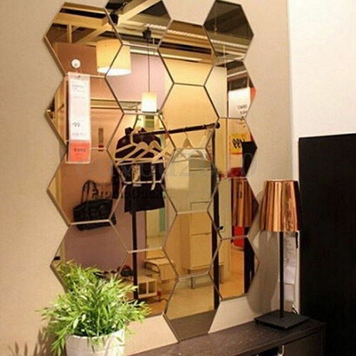 【BestGO】12pcs 3D Mirror Hexagon  Sticker Dinding Model Vinyl Removable Wall Sticker Decal Home Living Room Decor. 