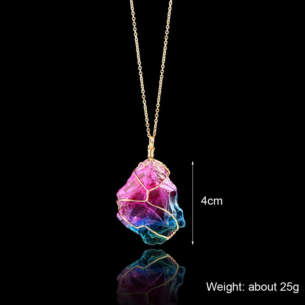 New Style Rainbow Stone Necklace Irregular Wrap Wire Natural Gem Crystal Chakra Rock Pendant Necklace Men Women Reiki Jewelry. 