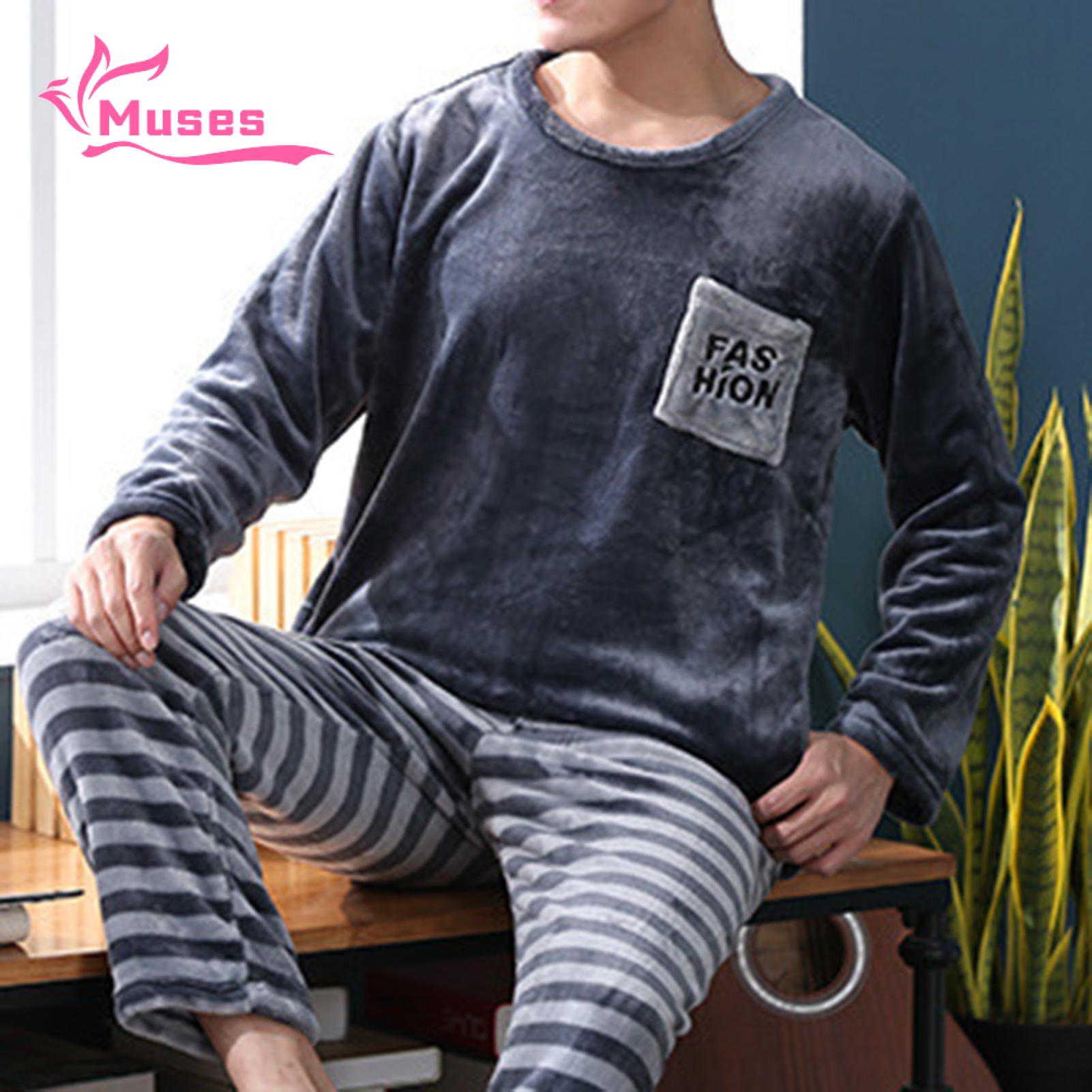 Muses Mall Plus Size Pajama Set Cozy Men's Winter Pajama Set Soft Warm Round Neck Long Sleeve Top with Elastic Waist Pants 2 Pcs/set Elastic Waist Pajama Pants. 