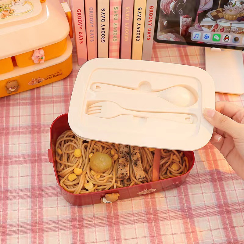 Portable Food Grade Large Capacity Lunch Box Bento Box Japanese Student with Cover Double Layer Plastic Microwaveable Heating. 