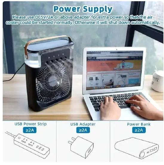 Portable Ice cube Air Conditioner Fan Mini Evaporative Air Cooler with 7 Colors LED Light 1/2/3 H Timer 3 Wind Speeds and 3 Spray Modes. 