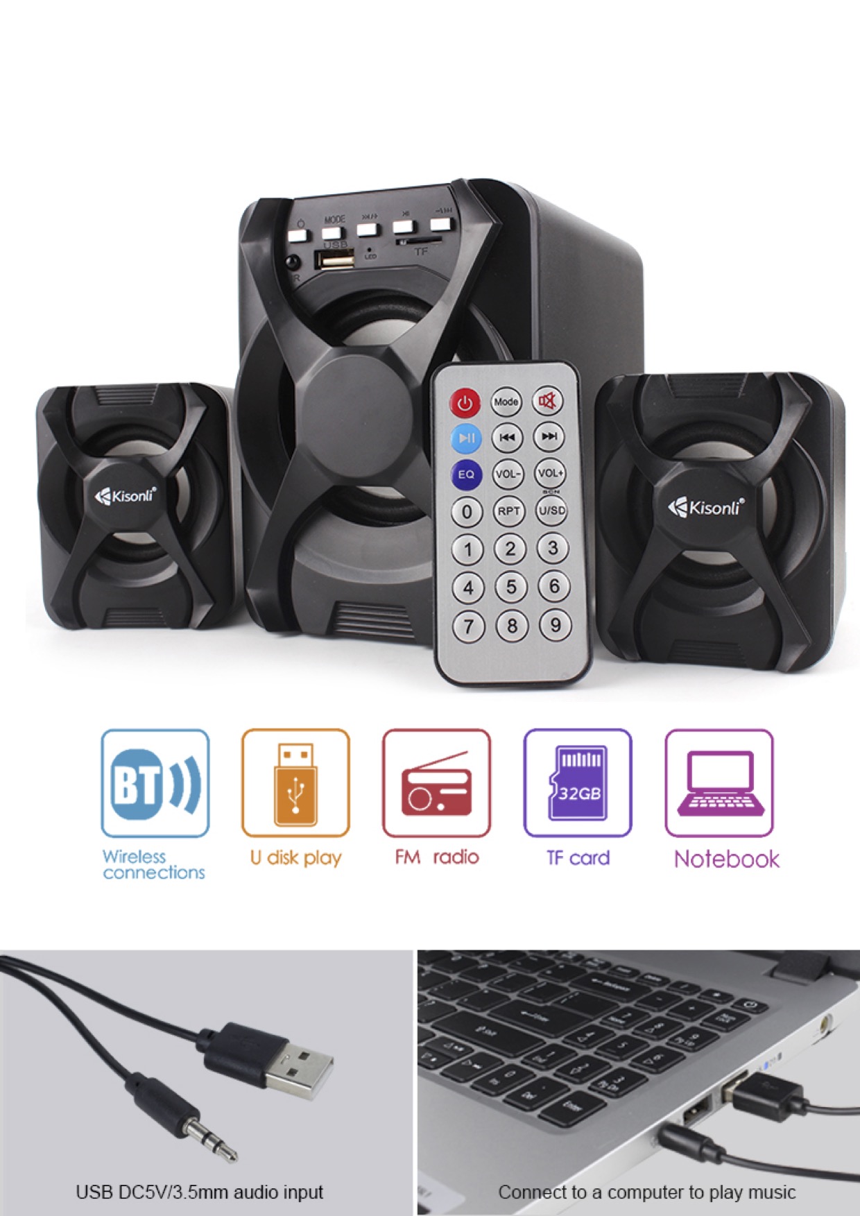 Kisonli BU2500BT Subwoofer Speaker System (Bluetooth Service). 
