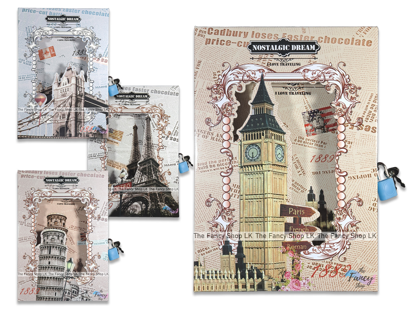 Notebook Diary Autograph Lockable 32k (13cmx19cm) Lock and Key System Colored Pages For Girls Cute Nostalgia Dream Famous Places Eiffel Tower Pissa Big Ben London Bridge Design