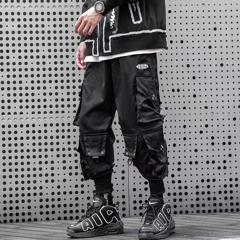 Spring and Autumn National Fashion Mechanical Style Paratrooper Pants plus Size Men Loose Fashion Brand Hip-Hop Ankle-Tied Pants Multi-Pocket Cargo Pants Men. 