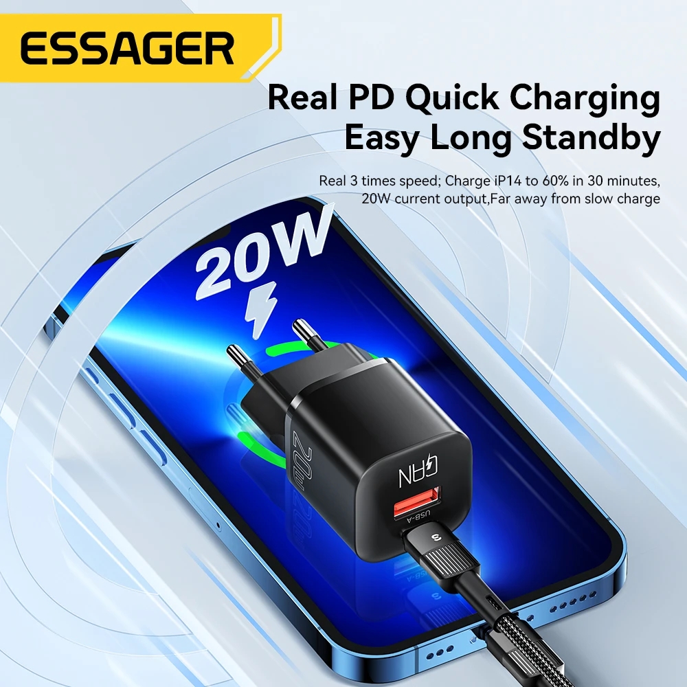 Limited Time Offer Essager 20W GaN USB Type C To Type C Charger PD Fast Charge Phone QC 3.0 Quick Chargers For Samsung Xiaomi Huawei iPhone 14 13 12 11 Pro Max Mini iPad Charging. 